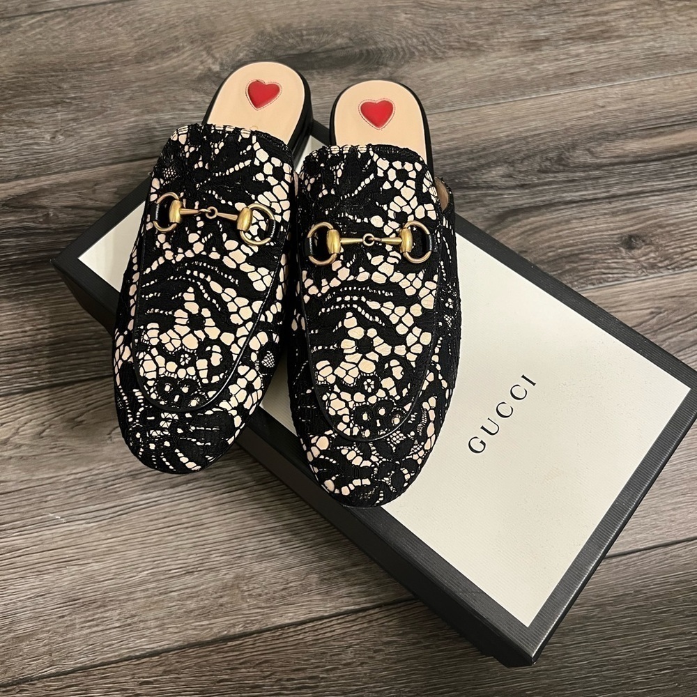 Gucci Princetown Black/Nude Leather and Lace Horsebit Flat Loafer Mules - 37 - Picture 8 of 8